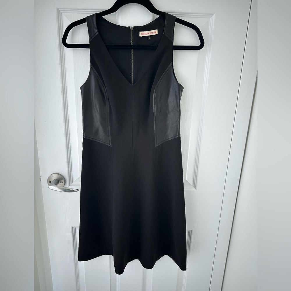 Rebecca Taylor Black Sheath A-Line Leather Trim Midi Dress V-Neck Sleeveless 2